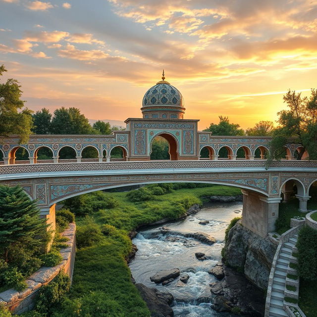 A beautiful pedestrian bridge design inspired by elements of traditional Iranian architecture, featuring intricate tile work, arched pathways, and ornate decorative patterns