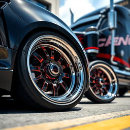 A stunning close-up of custom-cutting edge wheels specifically designed for a Camaro, showcasing intricate details and a high-performance look