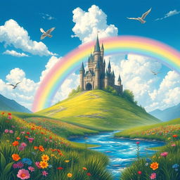 A stunning fantasy landscape featuring a majestic castle atop a lush green hill, surrounded by vibrant wildflowers in various colors
