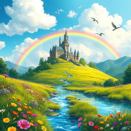 A stunning fantasy landscape featuring a majestic castle atop a lush green hill, surrounded by vibrant wildflowers in various colors