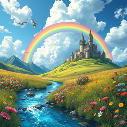A stunning fantasy landscape featuring a majestic castle atop a lush green hill, surrounded by vibrant wildflowers in various colors