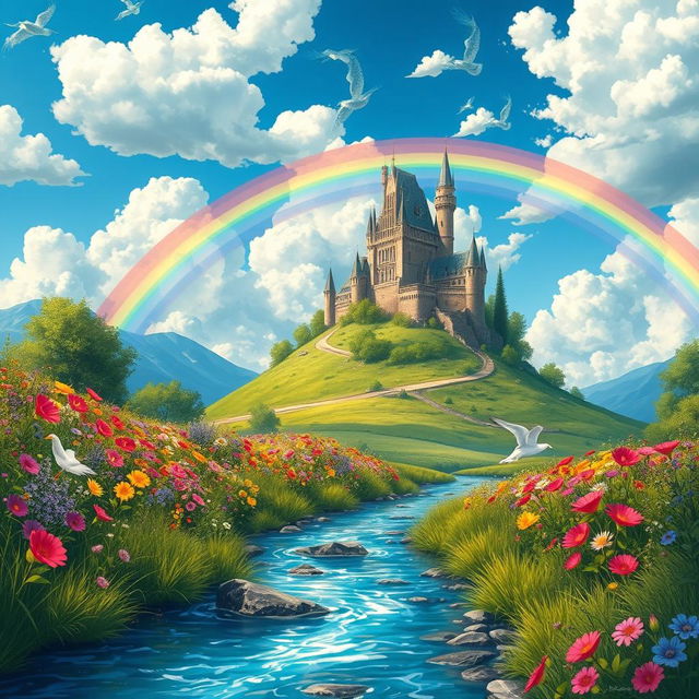 A stunning fantasy landscape featuring a majestic castle atop a lush green hill, surrounded by vibrant wildflowers in various colors