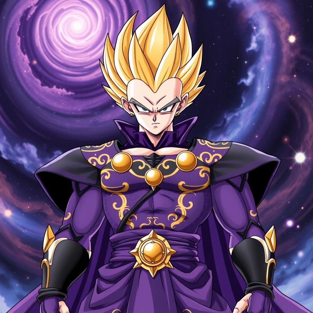 A fierce character from Dragon Ball wearing the exquisite attire of a God of Destruction