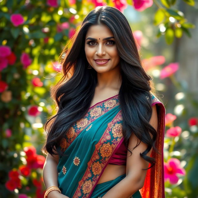 A beautiful and confident Indian woman in her 40s, with long, dark hair flowing elegantly