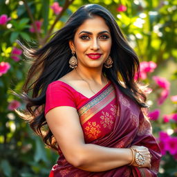 A beautiful and confident Indian woman in her 40s, with long, dark hair flowing elegantly