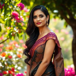 A beautiful and confident Indian woman in her 40s, with long, dark hair flowing elegantly