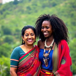 An Indian woman with striking features that reflect her heritage, dressed in a vibrant, traditional sari adorned with intricate patterns