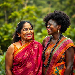 An Indian woman with striking features that reflect her heritage, dressed in a vibrant, traditional sari adorned with intricate patterns