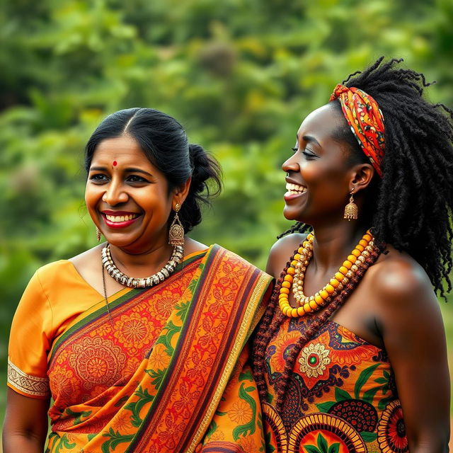 An Indian woman with striking features that reflect her heritage, dressed in a vibrant, traditional sari adorned with intricate patterns