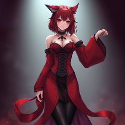 A seductive gothic anime girl, Kitsune, with shoulder-length red hair that elegantly frames her face