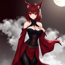 A seductive gothic anime girl, Kitsune, with shoulder-length red hair that elegantly frames her face