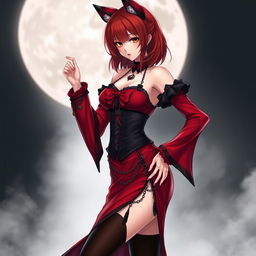 A seductive gothic anime girl, Kitsune, with shoulder-length red hair that elegantly frames her face