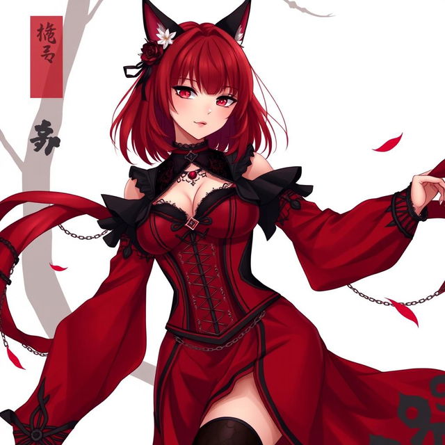 A seductive gothic anime girl, Kitsune, with shoulder-length red hair that elegantly frames her face