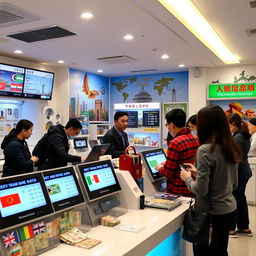 A vibrant and modern currency exchange shop interior, showcasing a clean and organized layout