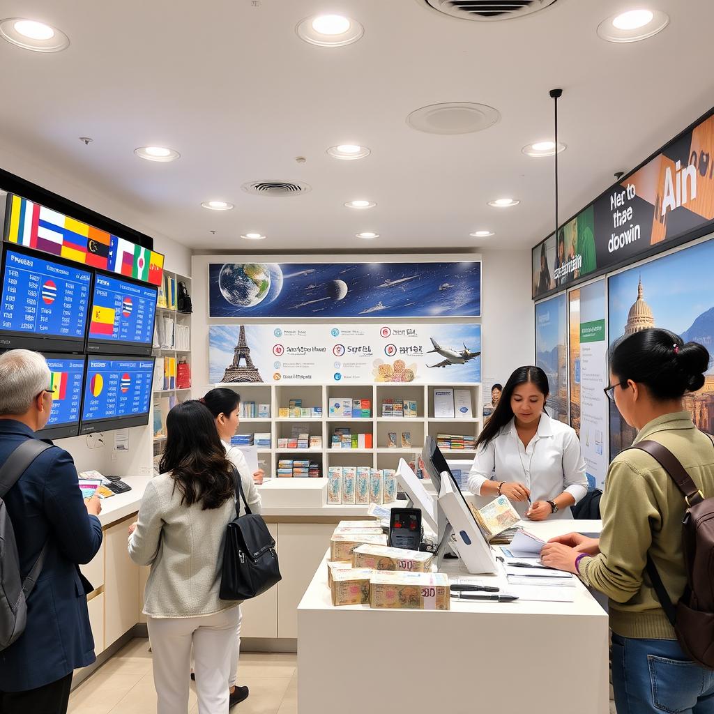 A vibrant and modern currency exchange shop interior, showcasing a clean and organized layout