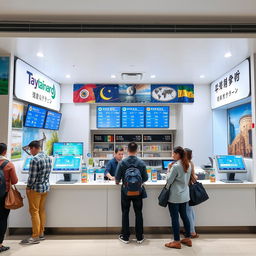 A vibrant and modern currency exchange shop interior, showcasing a clean and organized layout