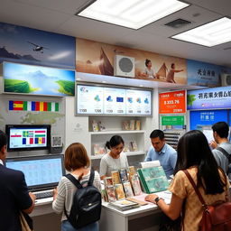A vibrant and modern currency exchange shop interior, showcasing a clean and organized layout