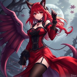 A captivating gothic anime girl, Kitsune, featuring shoulder-length red hair that enhances her enchanting appearance