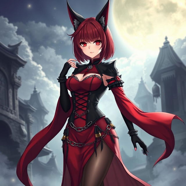 A captivating gothic anime girl, Kitsune, featuring shoulder-length red hair that enhances her enchanting appearance