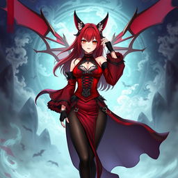A captivating gothic anime girl, Kitsune, featuring shoulder-length red hair that enhances her enchanting appearance