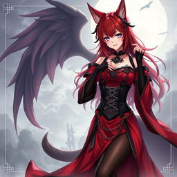 A captivating gothic anime girl, Kitsune, featuring shoulder-length red hair that enhances her enchanting appearance