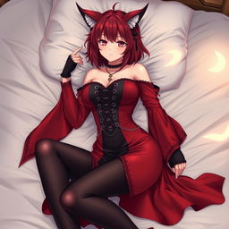 A seductive gothic anime girl, Kitsune, with shoulder-length red hair, lounging gracefully in bed