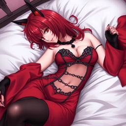 A seductive gothic anime girl, Kitsune, with shoulder-length red hair, lounging gracefully in bed