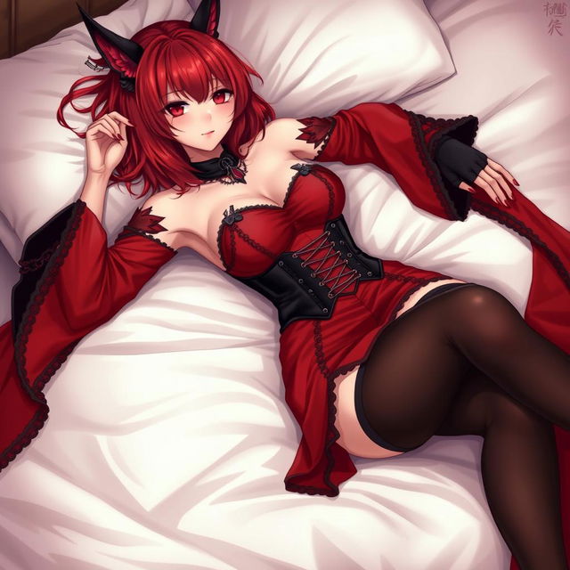 A seductive gothic anime girl, Kitsune, with shoulder-length red hair, lounging gracefully in bed