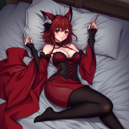 A seductive gothic anime girl, Kitsune, with shoulder-length red hair, lounging gracefully in bed