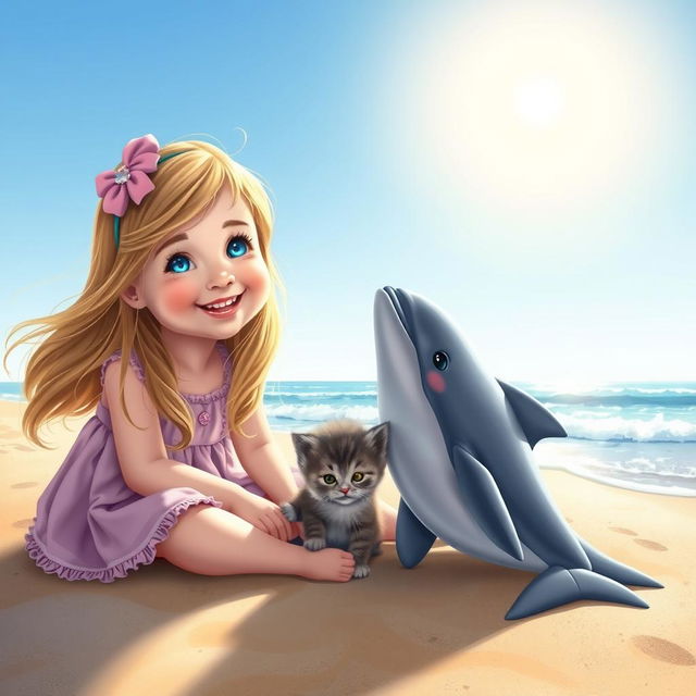 A delightful scene featuring a 3-year-old girl with long hair and bright blue eyes, joyfully sitting on the sandy beach next to a playful kitten