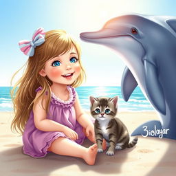 A delightful scene featuring a 3-year-old girl with long hair and bright blue eyes, joyfully sitting on the sandy beach next to a playful kitten