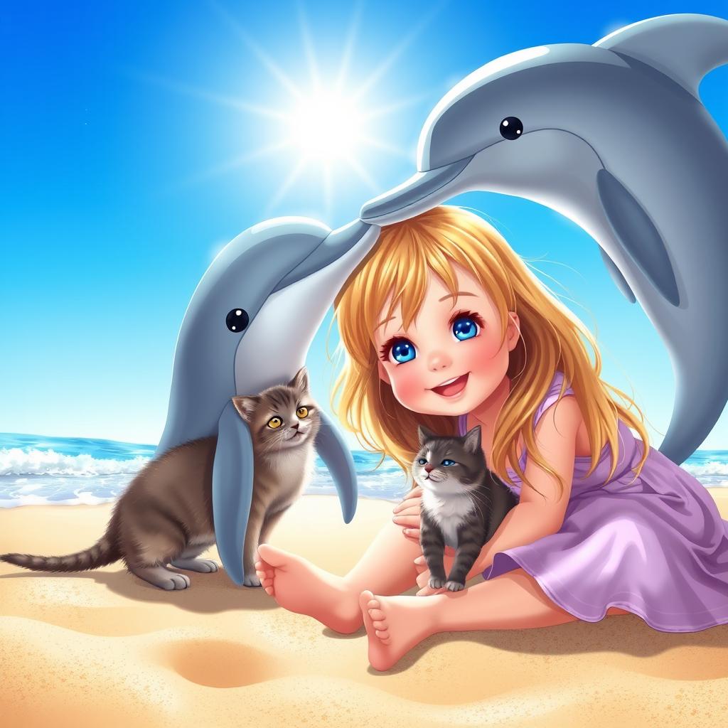 A delightful scene featuring a 3-year-old girl with long hair and bright blue eyes, joyfully sitting on the sandy beach next to a playful kitten