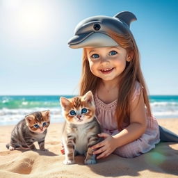 A delightful scene featuring a 3-year-old girl with long hair and bright blue eyes, joyfully sitting on the sandy beach next to a playful kitten