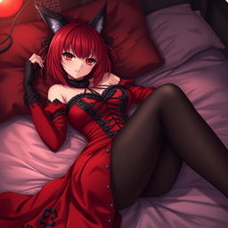 A seductive gothic anime girl, Kitsune, with shoulder-length red hair, pinning you down playfully in bed