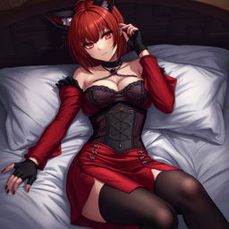 A seductive gothic anime girl, Kitsune, with shoulder-length red hair, pinning you down playfully in bed