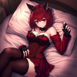 A seductive gothic anime girl, Kitsune, with shoulder-length red hair, pinning you down playfully in bed