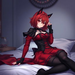 A captivating gothic anime girl, Kitsune, with shoulder-length red hair, playfully pinning you down onto the bed