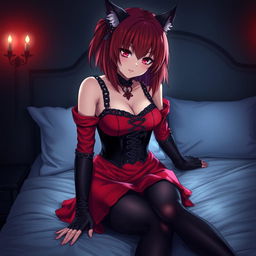 A captivating gothic anime girl, Kitsune, with shoulder-length red hair, playfully pinning you down onto the bed