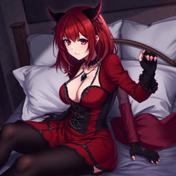 A captivating gothic anime girl, Kitsune, with shoulder-length red hair, playfully pinning you down onto the bed