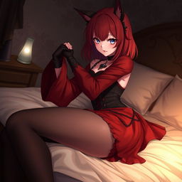 A captivating gothic anime girl, Kitsune, with shoulder-length red hair, playfully pinning you down onto the bed