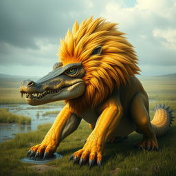 A stunningly realistic hybrid creature that combines the majestic features of a lion and the menacing attributes of a crocodile
