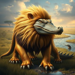 A stunningly realistic hybrid creature that combines the majestic features of a lion and the menacing attributes of a crocodile