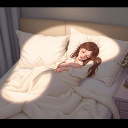 A peaceful, intimate bedroom scene depicting a girl peacefully sleeping on a cozy bed, surrounded by soft pillows and warm blankets