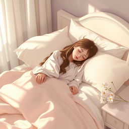 A peaceful, intimate bedroom scene depicting a girl peacefully sleeping on a cozy bed, surrounded by soft pillows and warm blankets