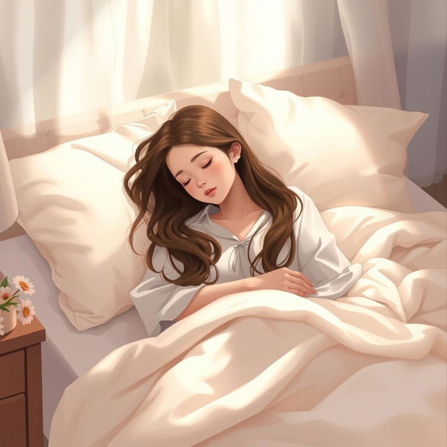 A peaceful, intimate bedroom scene depicting a girl peacefully sleeping on a cozy bed, surrounded by soft pillows and warm blankets