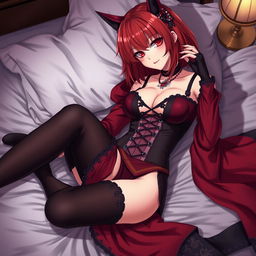 An alluring gothic anime girl, Kitsune, with shoulder-length red hair, playfully pinning you down onto the bed