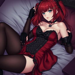 An alluring gothic anime girl, Kitsune, with shoulder-length red hair, playfully pinning you down onto the bed