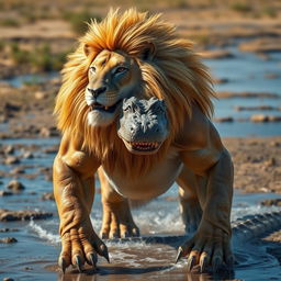 An incredibly realistic hybrid creature that seamlessly merges the powerful attributes of a lion with the fierce characteristics of a crocodile