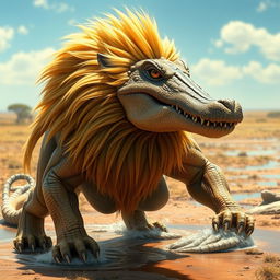 An incredibly realistic hybrid creature that seamlessly merges the powerful attributes of a lion with the fierce characteristics of a crocodile