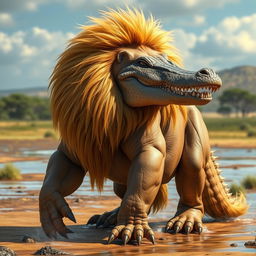 An incredibly realistic hybrid creature that seamlessly merges the powerful attributes of a lion with the fierce characteristics of a crocodile